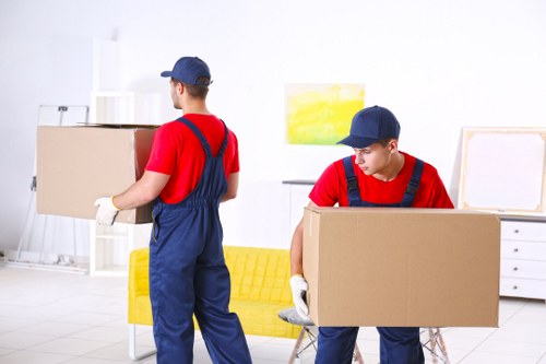Student removals team handling boxes in Greenwich near residential housing